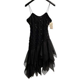 Vintage Ala Carte Y2K Dress 12 Black Sequin Asymmetric Layer Mesh Whimsy Hoco